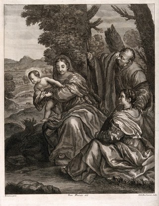 Saint Mary (the Blessed Virgin) and Saint Joseph with the Christ Child and Saint Catherine of Alexandria. Engraving by G.D. Picchianti after F. Petrucci after Titian.
