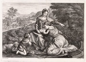 view Saint Mary (the Blessed Virgin) with the Christ Child, Saint John the Baptist and Saint Catherine of Alexandria. Engraving by T. Verkruis after C. Sacconi after Titian.