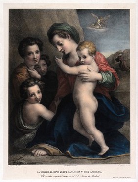 Saint Mary (the Blessed Virgin) with the Christ Child, Saint John the Baptist, Saint Francis of Assisi and angels. Coloured lithograph by P. Guglielmi after Andrea del Sarto.