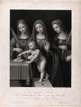 Saint Mary (the Blessed Virgin) with Saint Catherine of Alexandria and Saint Barbara. Engraving by J. Steinmüller, 1827, after Leonardo da Vinci (?).