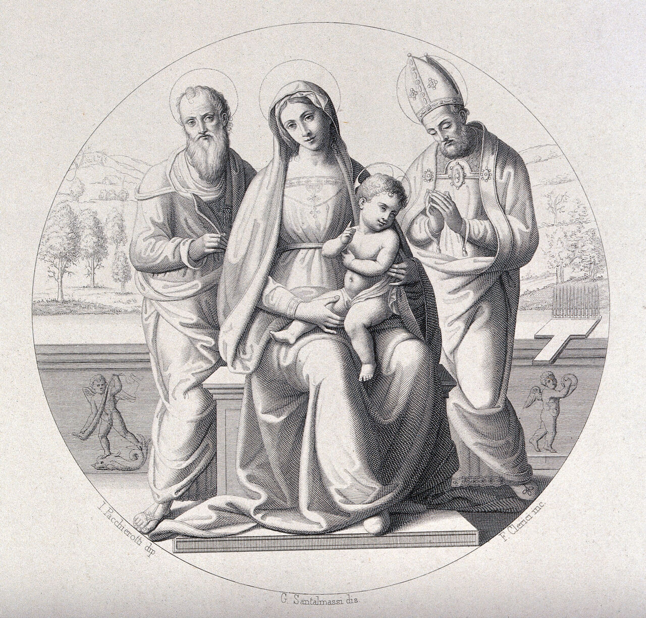 Saint Mary (the Blessed Virgin) with the Christ Child, Saint Bartholomew (?) and Saint Blaise. Engraving by F. Clerici after G. Santalmassi after J. Pacchiarotti., 1800-1899, by Giacomo Pacchiarotti