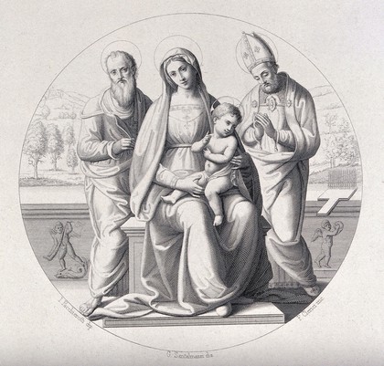 Saint Mary (the Blessed Virgin) with the Christ Child, Saint Bartholomew (?) and Saint Blaise. Engraving by F. Clerici after G. Santalmassi after J. Pacchiarotti.