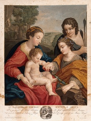 view Saint Mary (the Blessed Virgin) with the Christ Child, Saint Catherine of Alexandria and Saint Sebastian. Colour engraving by J. Duthé after A. Allegri, il Correggio.