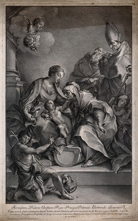 Saint Mary (the Blessed Virgin) with the Christ Child, Saint John the Baptist, Saint Antony the Great, Saint Elisabeth or Saint Anne, Saint Gregory the Great and an angel. Engraving by J. Frey, 1739, after A. Balestra.