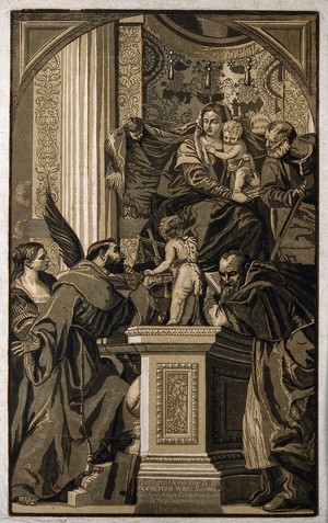 view Saint Mary (the Blessed Virgin) and Saint Joseph with the Christ Child, Saint Justina of Padua, Saint Francis of Assisi, Saint John the Baptist and Saint Jerome. Colour woodcut by J.B. Jackson after P. Veronese.