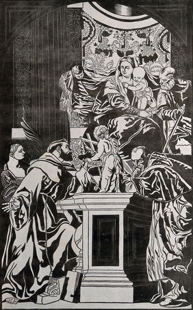 Saint Mary (the Blessed Virgin) and Saint Joseph with the Christ Child, Saint Francis of Assisi, Saint Justina of Padua, Saint John the Baptist and Saint Jerome. Woodcut attributed to J.B. Jackson after P. Caliari, il Veronese.