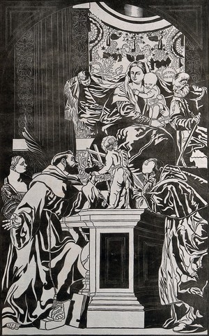 view Saint Mary (the Blessed Virgin) and Saint Joseph with the Christ Child, Saint Francis of Assisi, Saint Justina of Padua, Saint John the Baptist and Saint Jerome. Woodcut attributed to J.B. Jackson after P. Caliari, il Veronese.