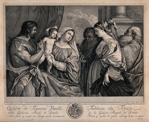 view Saint Mary (the Blessed Virgin) with the Christ Child, Saint John the Baptist, Saint Paul the Apostle, Saint Jerome and Saint Mary Magdalen. Engraving by J. Folkema, 1752, after G.B. Internari after Titian.