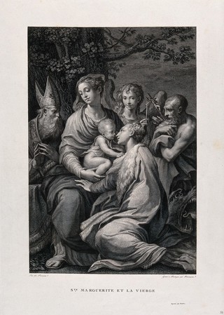 Saint Mary (the Blessed Virgin) with the Christ Child, a bishop saint, an angel, Saint Jerome and Saint Margaret. Engraving by F. Rosaspina after G.F.M. Mazzola, il Parmigianino.