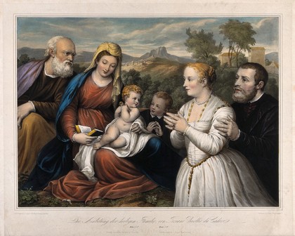 Saint Mary (the Blessed Virgin) with the Christ Child, Saint Joseph and a family as donors. Colour lithograph by F.S. Hanfstaengl after Titian.