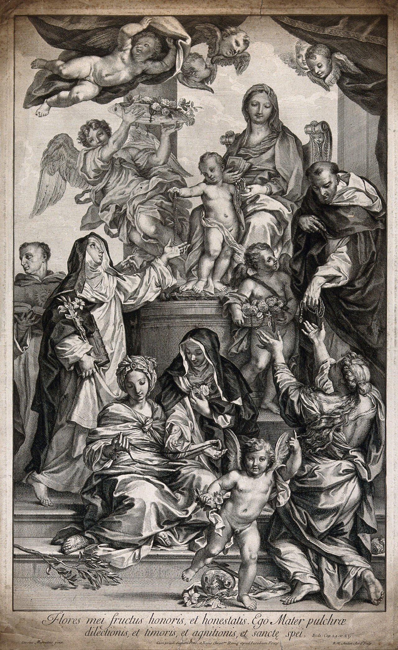 Saint Mary (the Blessed Virgin) with the Christ Child, Saint Catherine of Siena, Saint Dominic Guzman, Saint Thomas Aquinas, Saint Oliva, Saint Rose of Lima and Saint Rosalia. Engraving by R. van Audenaerd after C. Maratta., by Robert van Audenaerde