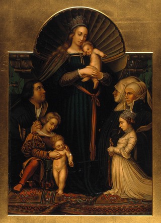 Saint Mary (the Blessed Virgin) with the Christ Child and members of the Meyer family as donors. Colour lithograph by C. Schultz after H. Holbein.