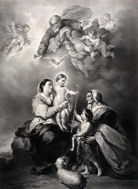 God the Father with the Holy Ghost, Saint Mary (the Blessed Virgin) and the Christ Child, Saint John the Baptist, Saint Elisabeth and angels. Lithograph by M. Lavigne after B.E. Murillo.