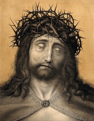 Christ as the Man of Sorrows. Colour lithograph by N.J. Strixner, 1818, after Q. Matsys.