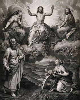 Christ with Saint Paul the Apostle, Saint Mary (the Blessed Virgin), Saint John the Baptist and Saint Catherine of Alexandria. Engraving by J.Th. Richomme after P. Bouillon after M.A. Raimondi after Raphael.