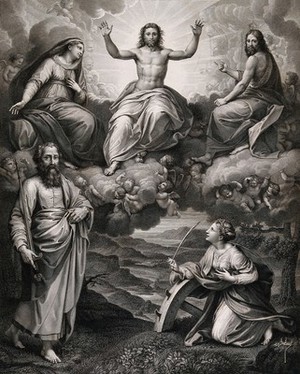 view Christ with Saint Paul the Apostle, Saint Mary (the Blessed Virgin), Saint John the Baptist and Saint Catherine of Alexandria. Engraving by J.Th. Richomme after P. Bouillon after M.A. Raimondi after Raphael.