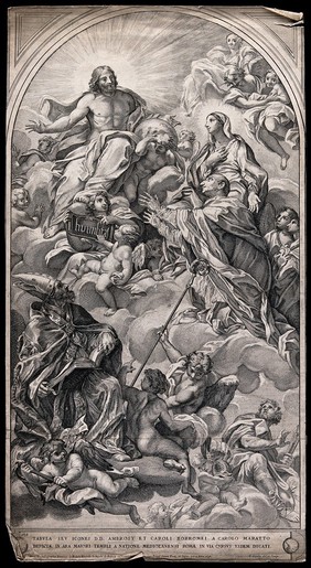 Christ with Saint Ambrose, Saint Mary (the Blessed Virgin), Saint Charles Borromeo, and Saint Thomas the Apostle and angels. Etching by P. Aquila after C. Maratta.