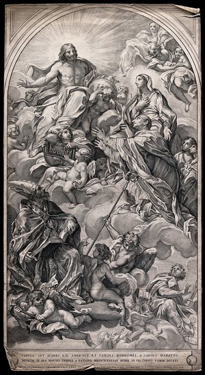 view Christ with Saint Ambrose, Saint Mary (the Blessed Virgin), Saint Charles Borromeo, and Saint Thomas the Apostle and angels. Etching by P. Aquila after C. Maratta.