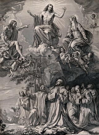 Christ with Saint John the Baptist, Saint Mary (the Blessed Virgin), angels, Saint Bruno and companions praying in the desert at Grande Chartreuse. Engraving by N. Pitau, 1657, after P. de Champaigne, 1656.