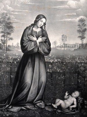 view Saint Mary (the Blessed Virgin) with the Christ Child. Lithograph by F. Piloty after F. Raibolini, il Francia.