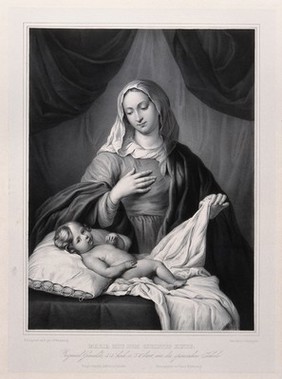 Saint Mary (the Blessed Virgin) with the Christ Child. Lithograph by F.S. Hanfstaengl.