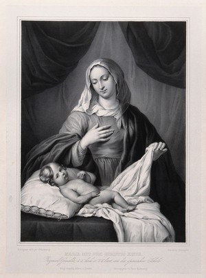 view Saint Mary (the Blessed Virgin) with the Christ Child. Lithograph by F.S. Hanfstaengl.