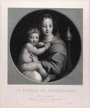 view Saint Mary (the Blessed Virgin) with the Christ Child. Engraving by F.E.A. Bridoux after Raphael.