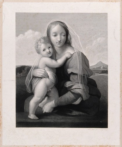 Saint Mary (the Blessed Virgin) with the Christ Child. Engraving by W.H. Watt, 1846, after Raphael.