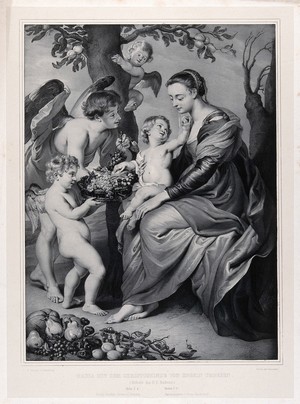 view Saint Mary (the Blessed Virgin) with the Christ Child and angels. Lithograph by F.S. Hanfstaengl.