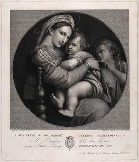 Saint Mary (the Blessed Virgin) with the Christ Child and Saint John the Baptist. Engraving by R. Morghen after Raphael.