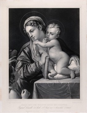 Saint Mary (the Blessed Virgin) with the Christ Child and Saint John the Baptist. Lithograph by F.S. Hanfstaengl after Annibale Carracci.