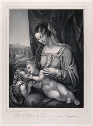 view Saint Mary (the Blessed Virgin) with the Christ Child and Saint John the Baptist. Lithograph by F.S. Hanfstaengl, 1836, after V. Tamagni (Vincenzo da San Gimignano).