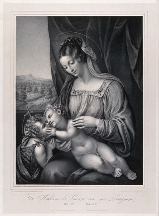 Saint Mary (the Blessed Virgin) with the Christ Child and Saint John the Baptist. Lithograph by F.S. Hanfstaengl, 1836, after V. Tamagni (Vincenzo da San Gimignano).