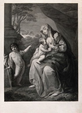 Saint Mary (the Blessed Virgin) with the Christ Child and Saint John the Baptist. Engraving by M. Gandolfi after G. Reni.