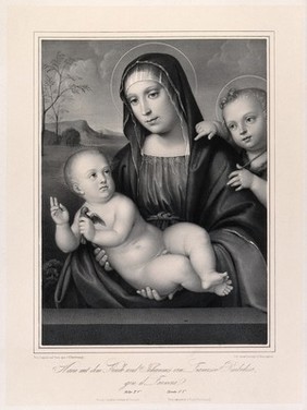 Saint Mary (the Blessed Virgin) with the Christ Child and Saint John the Baptist. Lithograph by F. Hanfstaengl after F. Raibolini, il Francia.