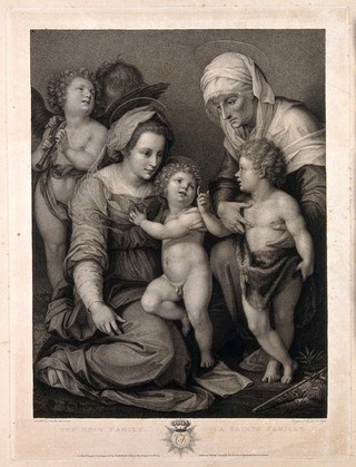 Saint Mary (the Blessed Virgin) with the Christ Child, Saint John the Baptist, Saint Elizabeth or Saint Anne and an angel. Stipple engraving by L.J. Cossé, 1793, after A. del Sarto.