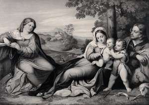 view Saint Mary (the Blessed Virgin) with the Christ Child, Saint Catherine of Alexandria, Saint John the Baptist and Saint Joseph. Lithograph by G. Markendorf after F.S. Hanfstaengl after J. Palma, il Vecchio.