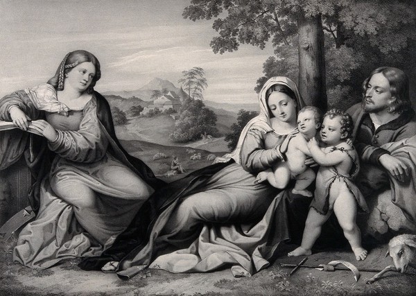 Saint Mary (the Blessed Virgin) with the Christ Child, Saint Catherine of Alexandria, Saint John the Baptist and Saint Joseph. Lithograph by G. Markendorf after F.S. Hanfstaengl after J. Palma, il Vecchio.