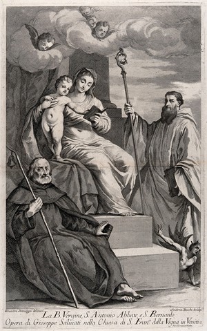 view Saint Mary (the Blessed Virgin) with the Christ Child, Saint Antony Abbot and Saint Bernard of Clairvaux. Etching by A. Zucchi after S. Manaigo after G. Porta, il Salviati.