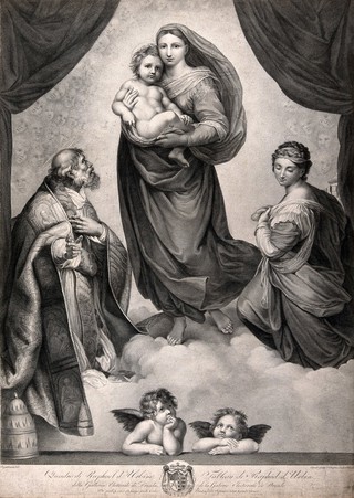 Saint Mary (the Blessed Virgin) with the Christ Child, Saint Sixtus, Saint Barbara and angels. Engraving by C.G. Schultze after C.J.J. Seydelmann after Raphael.