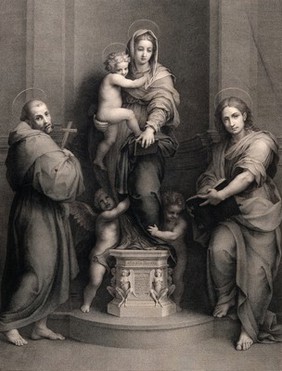 Saint Mary (the Blessed Virgin) with the Christ Child and Saint Francis of Assisi, Saint John the Evangelist and angels. Engraving by G. Felsing after A. del Sarto.