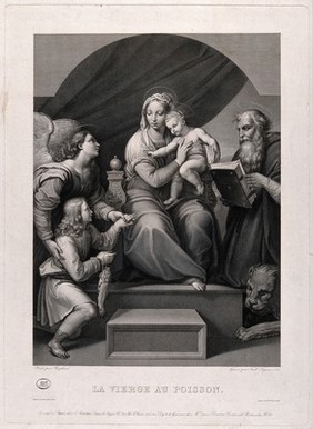 Saint Mary (the Blessed Virgin) with the Christ Child and Tobias, Saint Raphael the Archangel and Saint Jerome. Engraving by E.F. Lignon, 1822, after Raphael.