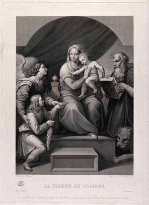 view Saint Mary (the Blessed Virgin) with the Christ Child and Tobias, Saint Raphael the Archangel and Saint Jerome. Engraving by E.F. Lignon, 1822, after Raphael.