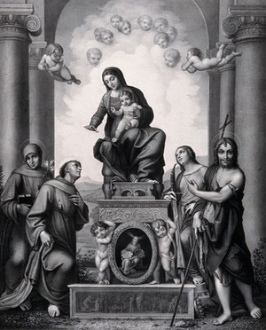 view Saint Mary (the Blessed Virgin) with the Christ Child and Saint Antony of Padua, Saint Francis of Assisi, Saint Catherine of Alexandria, Saint John the Baptist and angels. Lithograph by F.S. Hanfstaengl after A. Allegri, il Correggio.