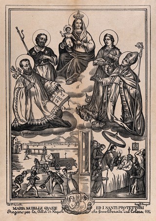 Saint Mary (the Blessed Virgin) with the Christ Child and Saint Gaetano, Saint Roch, Saint Martha, and Saint Januarius with scenes from a cholera epidemic below. Lithograph by F. Apicella, ca. 1884.
