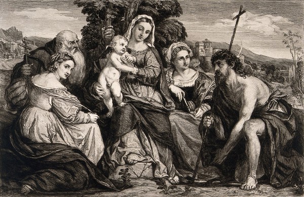 Saint Mary (the Blessed Virgin) with the Christ Child and Saint Celestine (?), Saint Catherine of Alexandria, Saint Barbara (?) and Saint John the Baptist. Etching by W. Unger after J. Palma, il Vecchio.