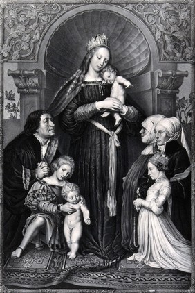 Saint Mary (the Blessed Virgin) with the Christ Child and a family as donors. Lithograph by F.S. Hanfstaengl, 1832 (?), after H. Holbein.