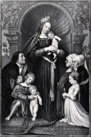 view Saint Mary (the Blessed Virgin) with the Christ Child and a family as donors. Lithograph by F.S. Hanfstaengl, 1832 (?), after H. Holbein.