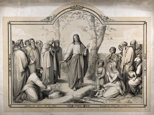 view Christ with Mary and Martha. Lithograph by C. Hahn, 184-, after J. Hübner.