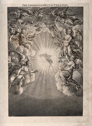 view The hand of God spans out heaven with a compass while surrounded by angels. Line engraving by Robert Pranker, ca. 1761.